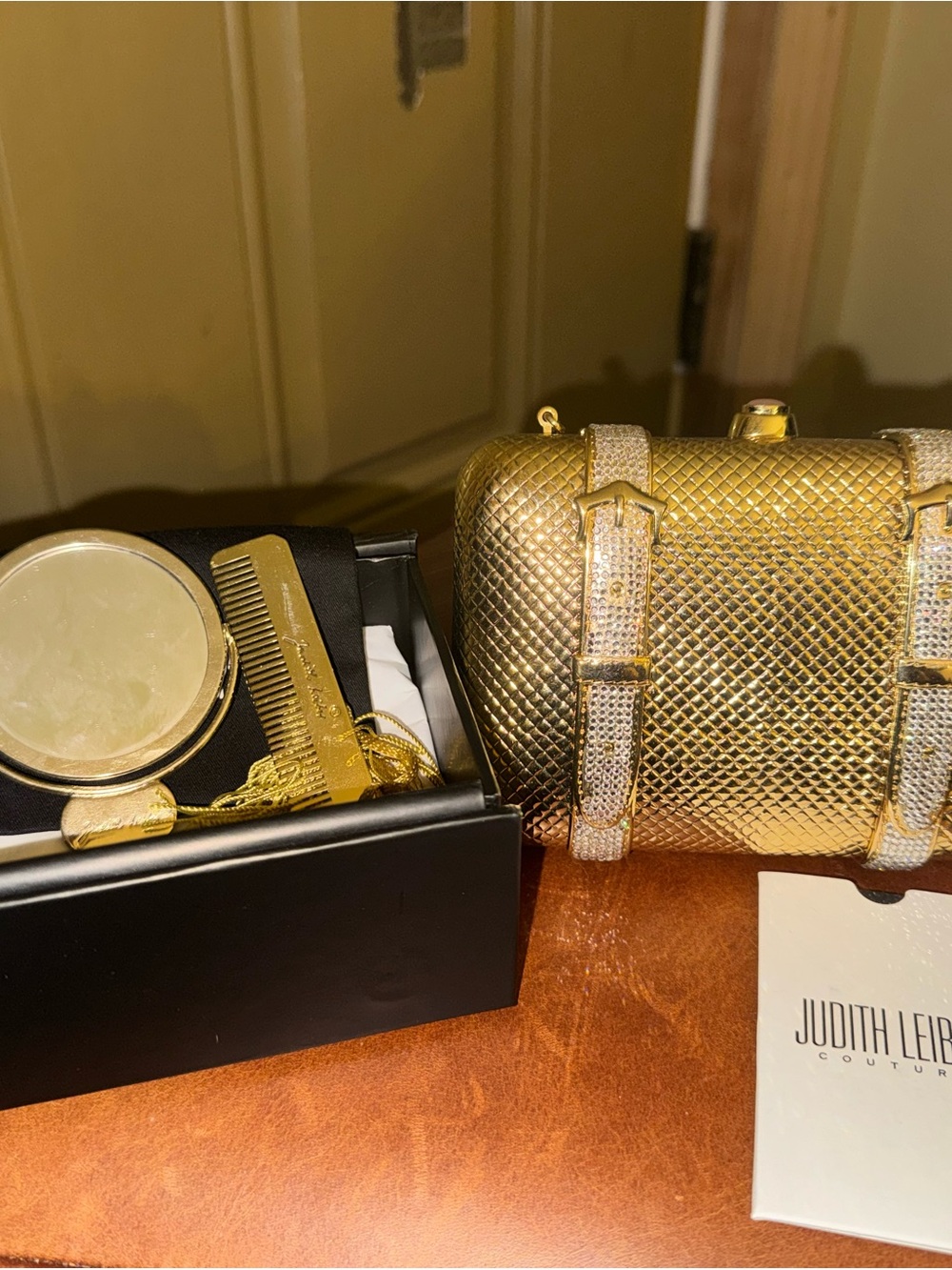 Judith Leiber Metallic Gold Minaudière with Crystal Straps